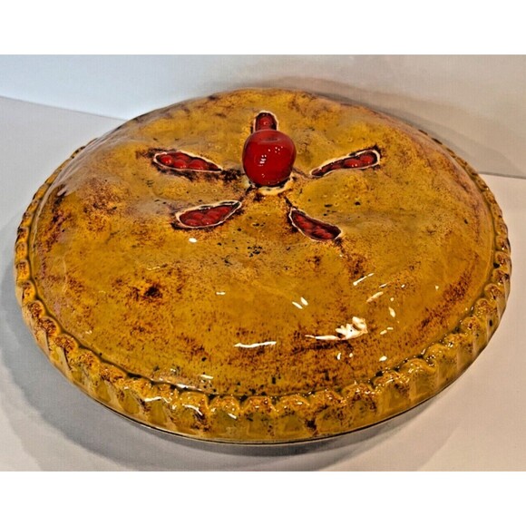 Pie Dish, Cherry, Vintage Handmade Ceramic Pie/Tart plate With LID, Initialed - Picture 1 of 9